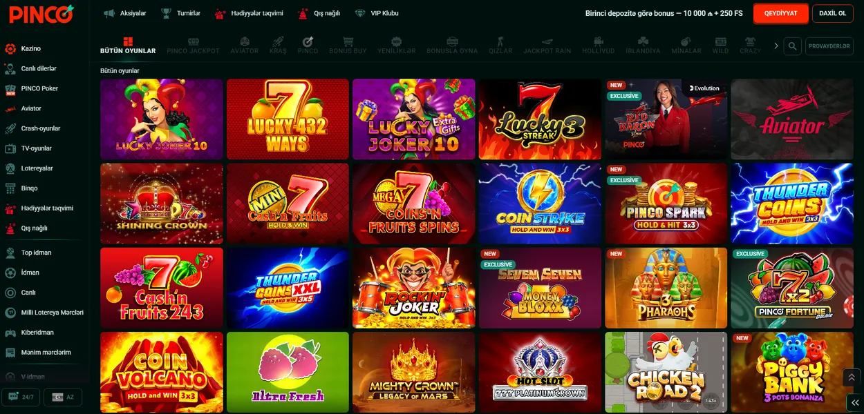 Pinco Casino oyun kateqoriyaları